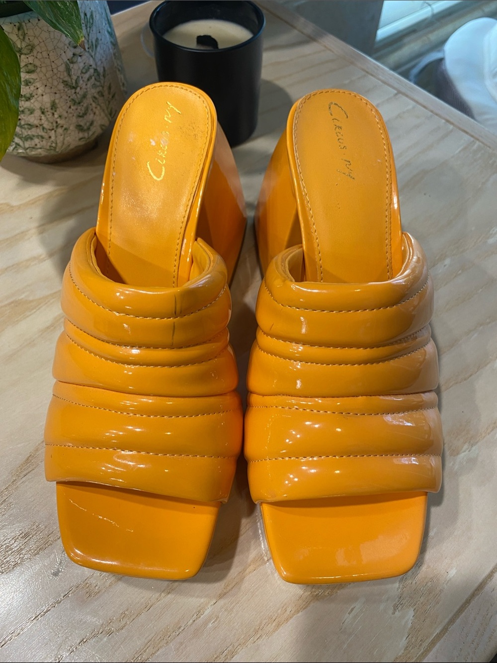 Circus by Sam Edelman Orange Quilted Puffer Mule Heels